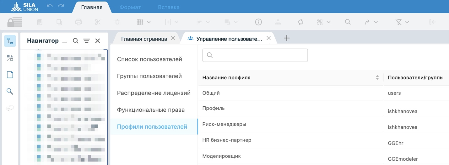 Рисунок 1. Пример настройки профилей пользователей в ПО SILA Union